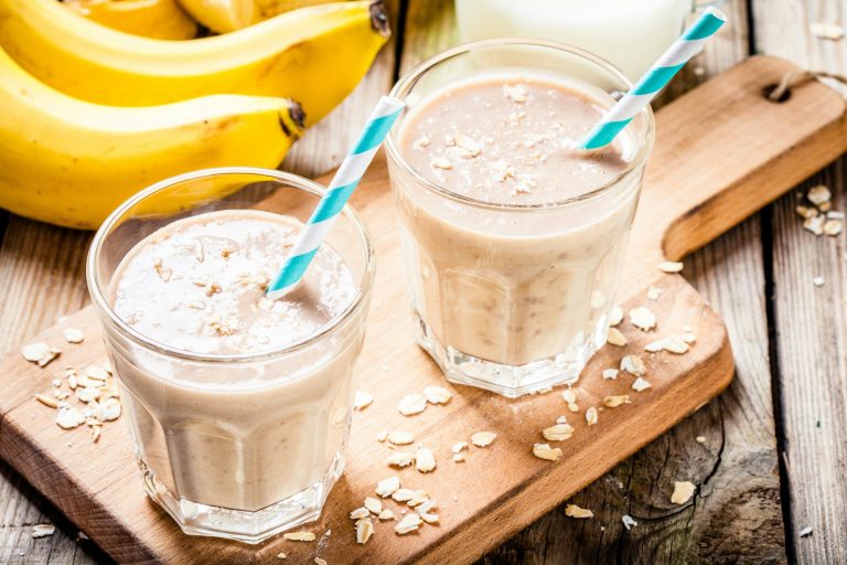 Banana smoothie with oatmeal, peanut butter and milk
